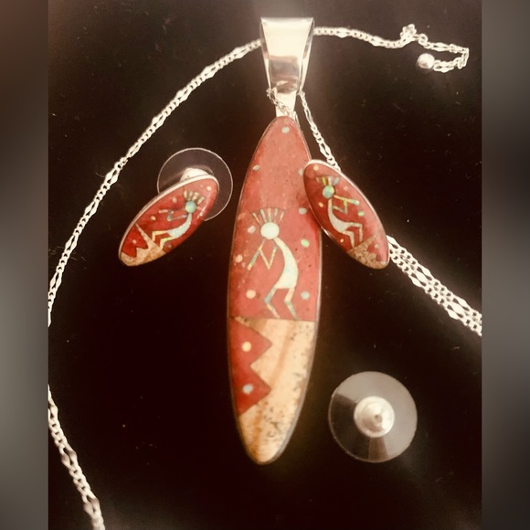Coral & Multi Gemstone Kokopelli Earrings and Pendant on 24" adjustable SS Chain - Picture 2 of 14